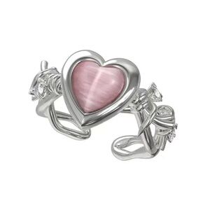 3/$25 Chunky Pink Heart Adjustable Ring Rhinestones Brutalist Whimsigoth